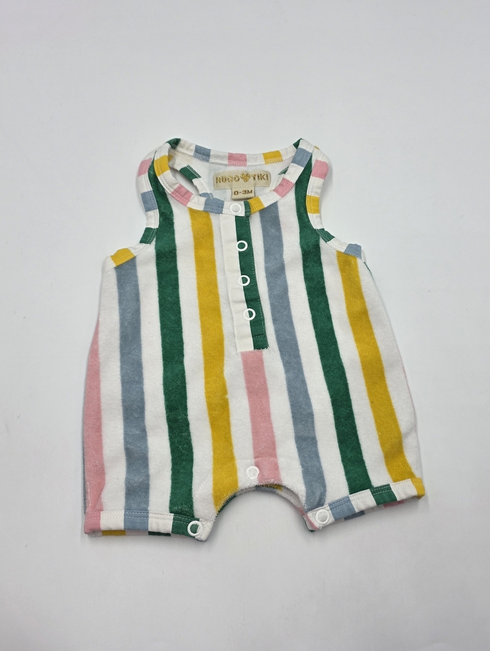 Hugo Loves Tiki pastel stripe terry romper size 0-3 months